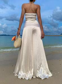 SHEIN EZwear Women's Summer Holiday Solid Color Loose Pleated Wide Leg Pants - White - View 2