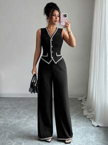 Elenzga Women's V-Neck Vintage European-Style Exquisite Button Sleeveless Business Work Office Pocket Flap Contrast Color Trim Knit Woven Small Multicolor Trim Edge Commuter Vest Retro Pocket Hem Contrast Color Trim Vintage Black Exquisite Elegant Commuter Casual Office Suit Two Pieces - Multicolor - View 5