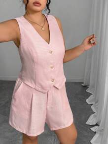 Elenzga 2pcs Women Plus Size Fashion Woven Summer Pink Sophisticated Lady Suit Vest And Shorts Set - Pink - View 6