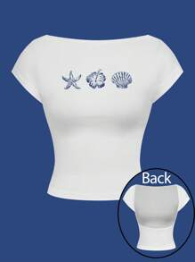 SHEIN MOD Style vacances décontracté, éléments d'étoile de mer, floral et coquille, ambiance île, t-shirt femme moulant dos nu épaules dénudées, convient pour les vacances d'été