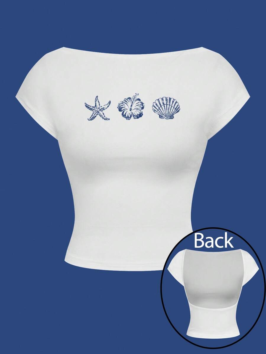 SHEIN MOD Style vacances décontracté, éléments d'étoile de mer, floral et coquille, ambiance île, t-shirt femme moulant dos nu épaules dénudées, convient pour les vacances d'été