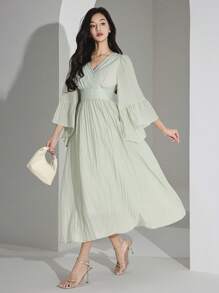 Heiryn 女士 V 领长款纯色日常连衣裙 - 灰綠 - 查看 6