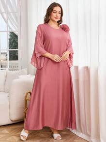 Lacomfia Plus Size Women Plain & Chiffon Patchwork Simple Conservative Casual Dress Fall - Dusty Pink - View 4