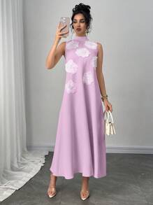 Modelyn 女士优雅奢华宽松 A 字长裙，饰有精致的 3D 花卉装饰，淡黄色 - 紫色 - 查看 5