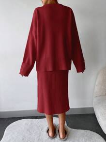 EURMUSE Chất rắn Thả vai Áo len & Váy - Màu Đỏ Sâu - Xem 2