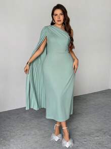 Firerie Vestido midi con mangas tipo poncho en verde menta pálido, de corte entallado y plisado, elegante y romántico, adecuado para temporada de bodas, Día de San Valentín, conciertos de música, actuaciones, citas, banquetes de alto nivel, bailes, bodas, sexy, grácil, para ir a la oficina, fiestas de cumpleaños, vacaciones, playa - verde menta - Ver 7