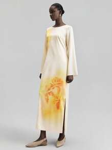 Ontre 2025 Autumn/Winter Seasonal Dress, Floral Print Long Sleeve Dress, Elegant Acetate Gown