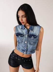 SHEIN EZwear 女式休闲街头按扣无袖牛仔夹克 - 中等水洗藍 - 查看 3
