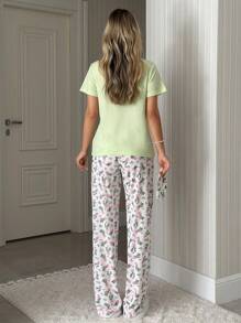 Conjunto de pijama de camiseta y pantalones de algodón con estampado de letras y cactus