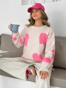 EURMUSE Conjunto de 2 piezas de suéter con cuello redondo, bordado con diseño de corazón y hombros caídos, talla grande pantalones anchos de cintura alta de unicolor tejidos para otoño e invierno para mujeres - Rosa - Ver 5