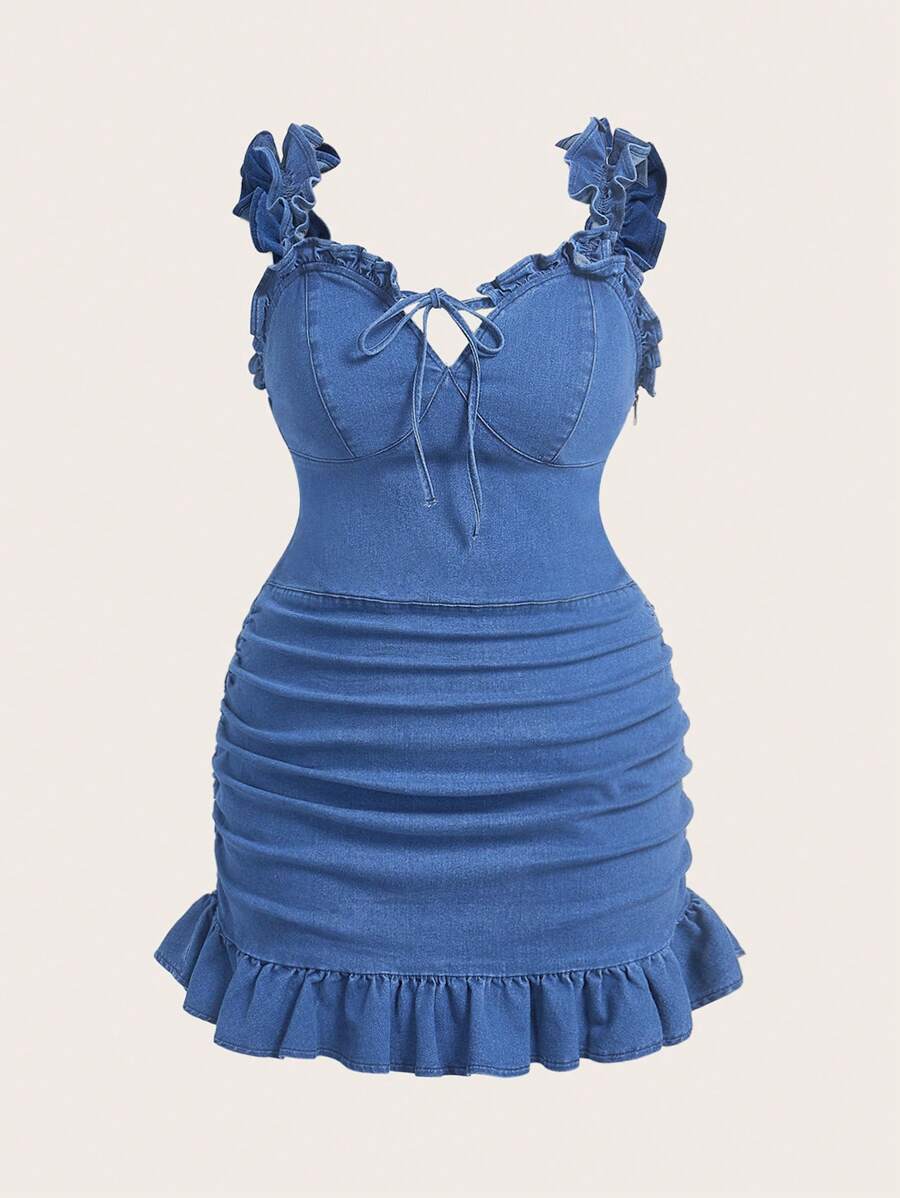 SHEIN EZwear 夏季大码女式褶饰前系带牛仔裹身连衣裙 - 藍色 - 查看 1
