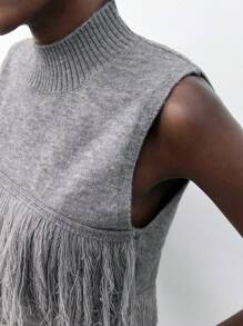 Maija 女士时尚灰色纯色无袖针织流苏不对称下摆商务休闲上衣，适合外出、聚会、度假等场合。 - 深灰色 - 查看 7