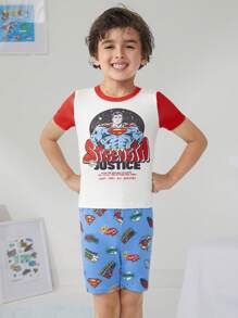 SUPERMAN X SHEIN Young Boy Casual Graphic Colorblock Short Sleeve T-Shirt And Fitted Shorts Pajama Set