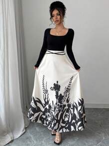 Rafferiza Elegant Floral Print Patchwork Round Neck Long Sleeve Dress For Women - A E Fall Cloth - Black and White - View 5