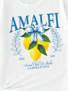 Camiseta básica de manga corta con estampado de letra en forma de limón, decorada con lema casual, rama y lazo para niñas