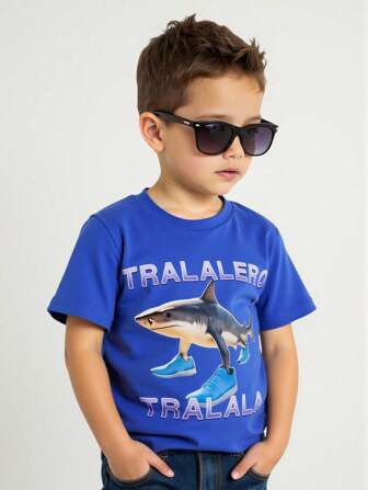 GraphicGems Young BoyCasual 鲨鱼印花圆领短袖T恤，适合夏季