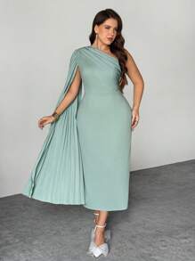 Firerie Vestido midi con mangas tipo poncho en verde menta pálido, de corte entallado y plisado, elegante y romántico, adecuado para temporada de bodas, Día de San Valentín, conciertos de música, actuaciones, citas, banquetes de alto nivel, bailes, bodas, sexy, grácil, para ir a la oficina, fiestas de cumpleaños, vacaciones, playa - verde menta - Ver 5