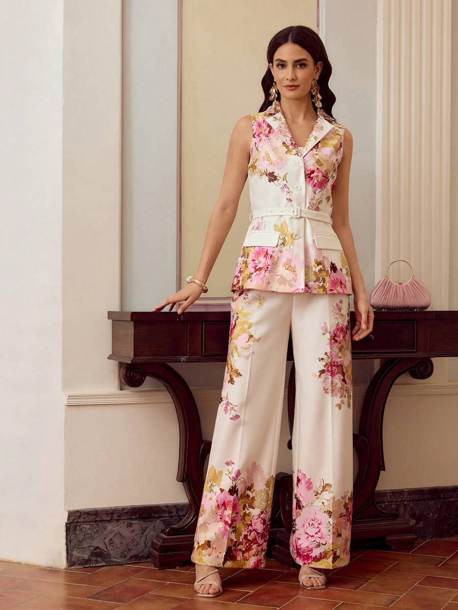 ZEYLAH Women's Floral Print Loose Elegant Wide Leg Pants, Spring/Summer - Multicolor - View 1