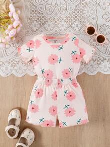 SHEIN Playful Pals 2 pezzi/set Bambina Casual Carino Stampa Maglietta Manica Corta e Shorts Abbinati, Estivo