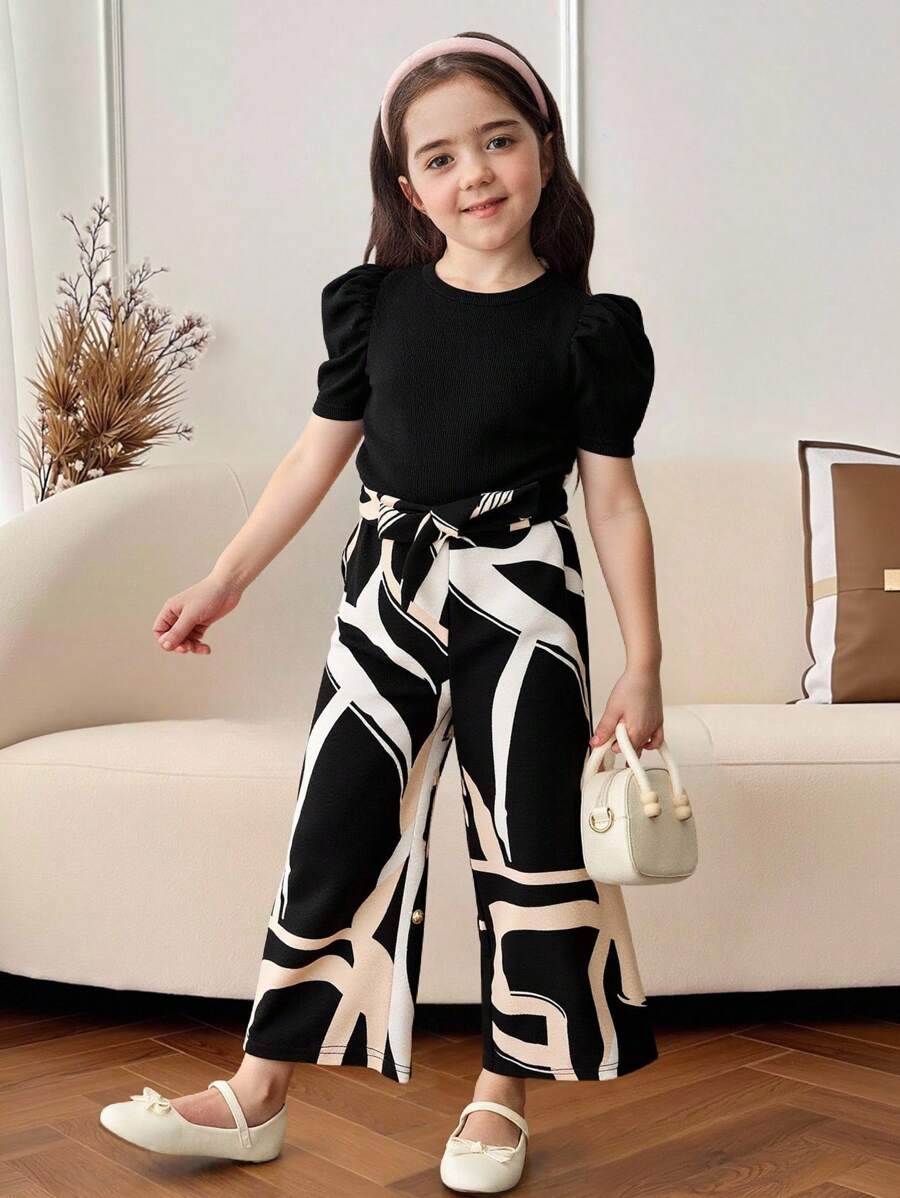 SHEIN Leap Crew 年輕女孩針織實色圓領羊毛袖拼接編織幾何圖案寬鬆休閒連身褲 - 彩色 - 查看 1