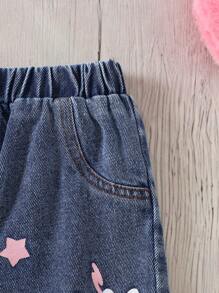 SHEIN Dziewczęcy swobodny, wygodny, prosty, okrągły dekolt, krótki rękaw, koszulka i spodenki jeansowe, 2-częściowy zestaw - Biały - Zobacz 5