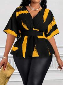 Maweii 大码女式休闲黑白印花褶皱落肩袖褶皱后背衬衫，春夏百搭设计 - 彩色 - 查看 4