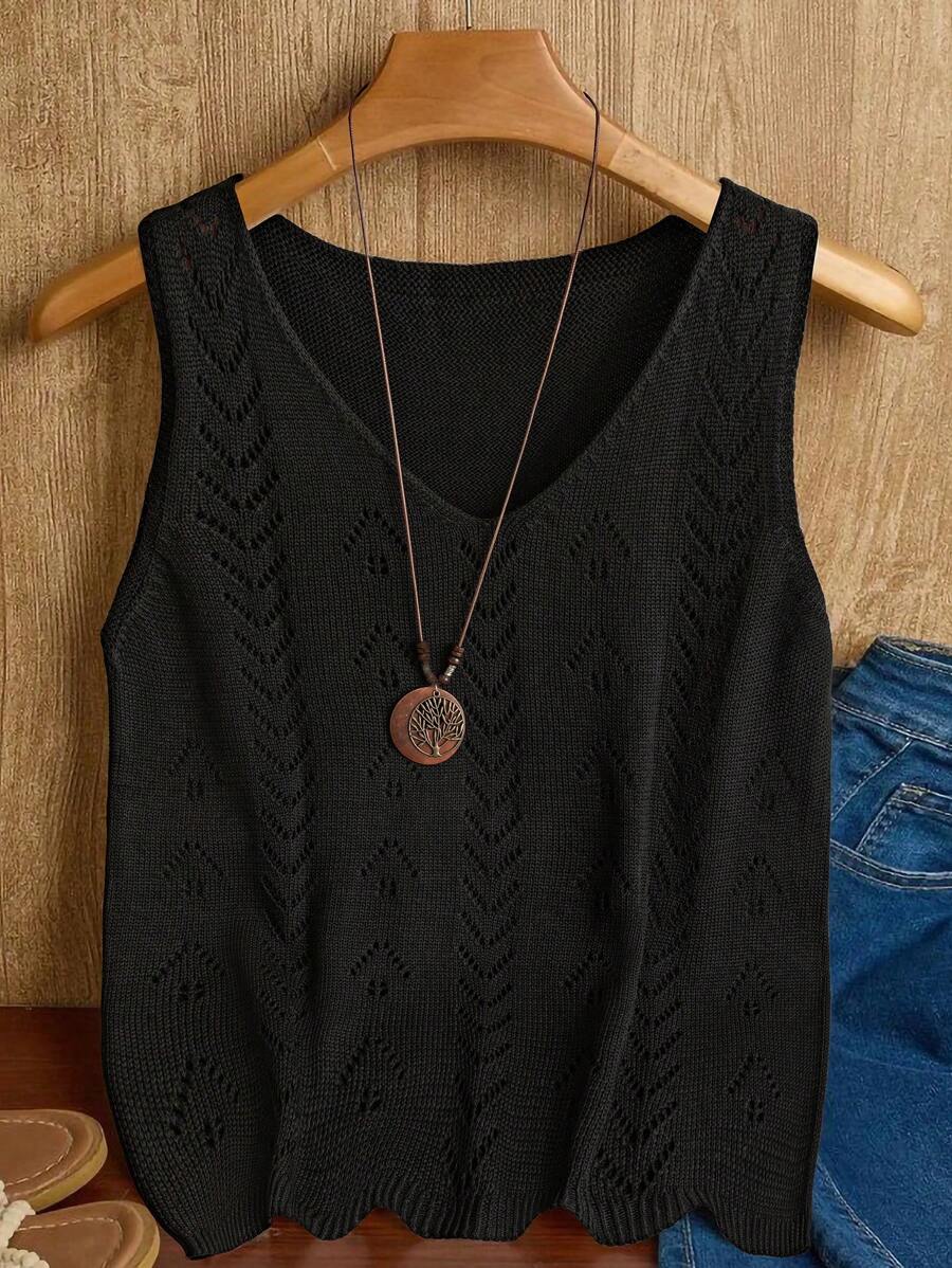 EMERY ROSE Atasan Sweater Rajut Kasual Motif Bunga Berongga Ukuran Plus untuk Wanita - Hitam - View 1