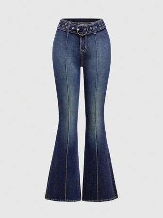 Grunge Punk Jeans acampanados de talle bajo para mujer con cinturón de ojetes estilo vintage milenio Y2K