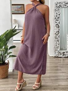 SHEIN LUNE 大码牛仔效果印花吊带中长连衣裙