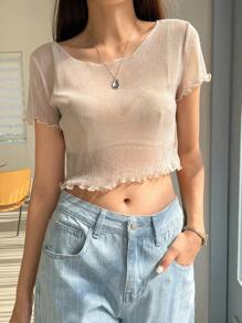 DAZY 生菜边透明网眼上衣（不含吊带背心）上衣、短款上衣、女式学院风上衣 - 杏色 - 查看 7