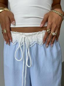 Siren Gaze Women's Lace Ruffle Waisted Loose Blue And White Striped Straight Casual Pants, Beach Pants, Summer Wide Leg Pants Summer Trousers Low Rise Pants Vacation Outfits Woman
