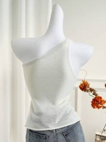 SHEIN Unity Áo ba lỗ dệt kim ngắn tay bó sát màu trắng họa tiết hoa màu xanh dành cho nữ theo phong cách tối giản ngọt ngào - trắng - Xem 2