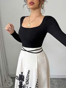 Rafferiza Elegant Floral Print Patchwork Round Neck Long Sleeve Dress For Women - A E Fall Cloth - Black and White - View 3