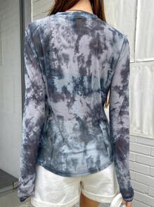 DAZY 扎染褶饰开衩下摆上衣，秋季长袖女式上衣