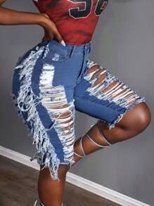 Slaydiva 女式蓝色破洞高腰牛仔短裤（夏季） - 中等水洗藍 - 查看 2