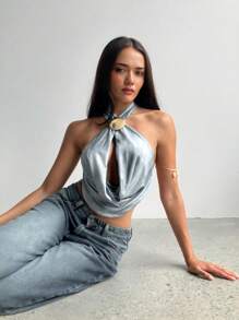 Aloruh 女士性感优雅十字垂坠领镂空扎染印花露背吊带上衣