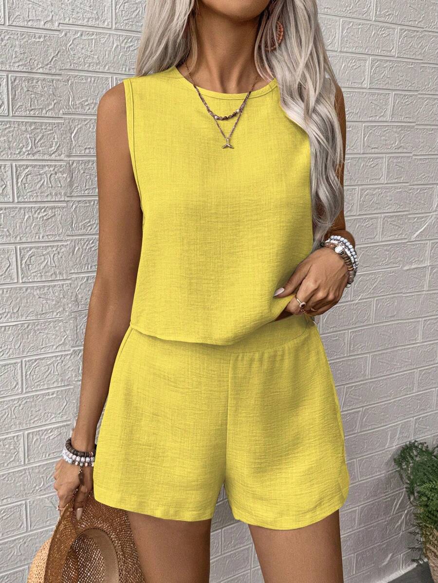 EMERY ROSE 2pcs Simple Solid Color Women's Sleeveless Top & Shorts Set, Casual Daily Wear - Yellow - View 1