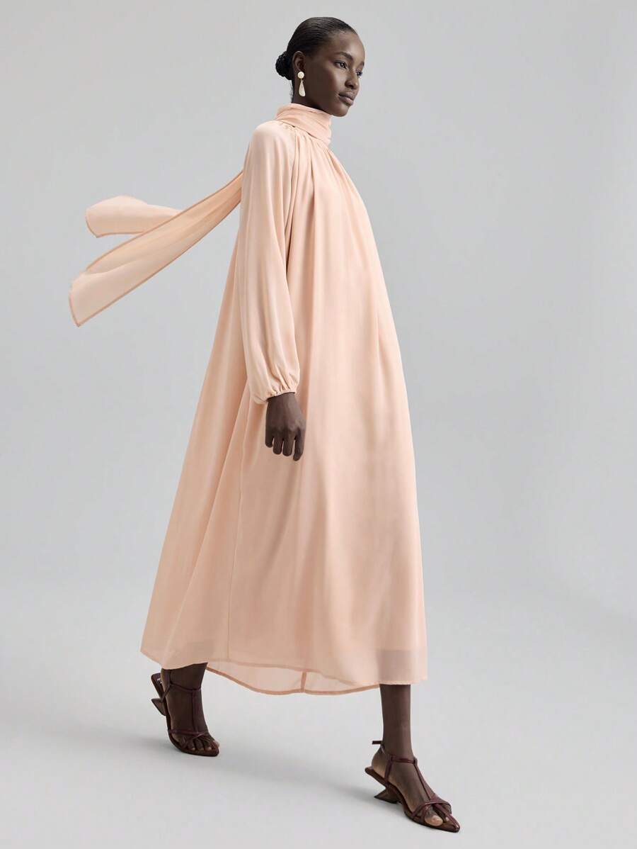 Ontre Đầm dài tay cổ lọ màu trơn thanh lịch phong cách công sở cổ điển mùa xuân/hè 2026SS dành cho nữ - Màu Hồng baby - Xem 1