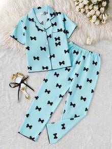 SHEIN 2件套女童杏色可爱樱桃印花宽松长裤短袖休闲睡衣套装 - 藍色 - 查看 4