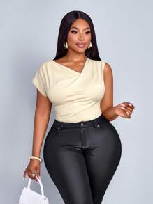 Maweii Plus Size Women's Fashion Solid Color Spring And Summer Cross Neck Casual Simple Short Sleeve T-Shirt, Versatile Tops - Apricot - View 4