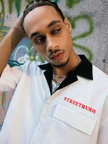 Manfinity Streetrush Camisa de manga corta con botones y estampado de letras y frutas de color contrastante para hombres