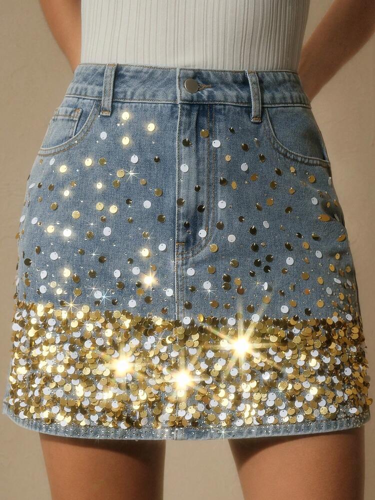 Women's Blue Denim Mini Skirt With Gold Sequin Embellishment And Zipper Detail