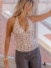 Aralina Summer Vacation Halter Neck Texture Ditsy Floral Lace Cute Top - Red and White - View 1