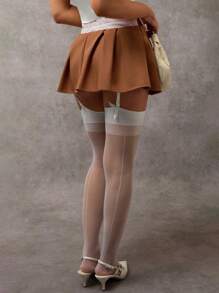 SHEIN LUNE 女式褶皱条纹翻领腰带夏季半身裙 - 棕色 - 查看 2