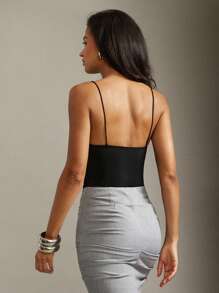 Hauture 女式性感休闲细肩带前褶皱黑色弹力针织外出紧身衣 - 黑色 - 查看 5