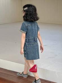 Dazy Kids Young Girl' Collared Short Sleeve Denim Dress, Fall - Blue - View 4