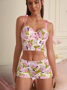 SHEIN Touch of Art 女士花卉印花蝴蝶结文胸和短裤套装 - 粉色 - 查看 4