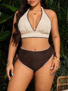 SHEIN Swim Curve 加大码女式两件套性感比基尼泳衣，花卉蕾丝设计，特殊面料，适合海滩、派对和度假