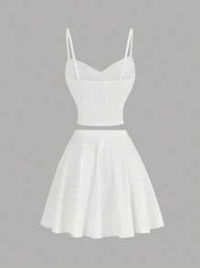 SHEIN MOD Bộ váy 2 món đơn giản, không đối xứng, viền bèo nhún, thoải mái cho nữ - trắng - Xem 2