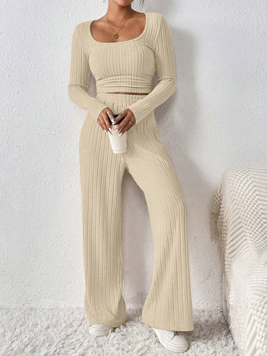 SHEIN Frenchy 2pcs/Set Women Solid Color Square Neck Long Sleeve Ribbed T-Shirt And Pants Casual Suit, Autumn Winter Spring - Apricot - View 1